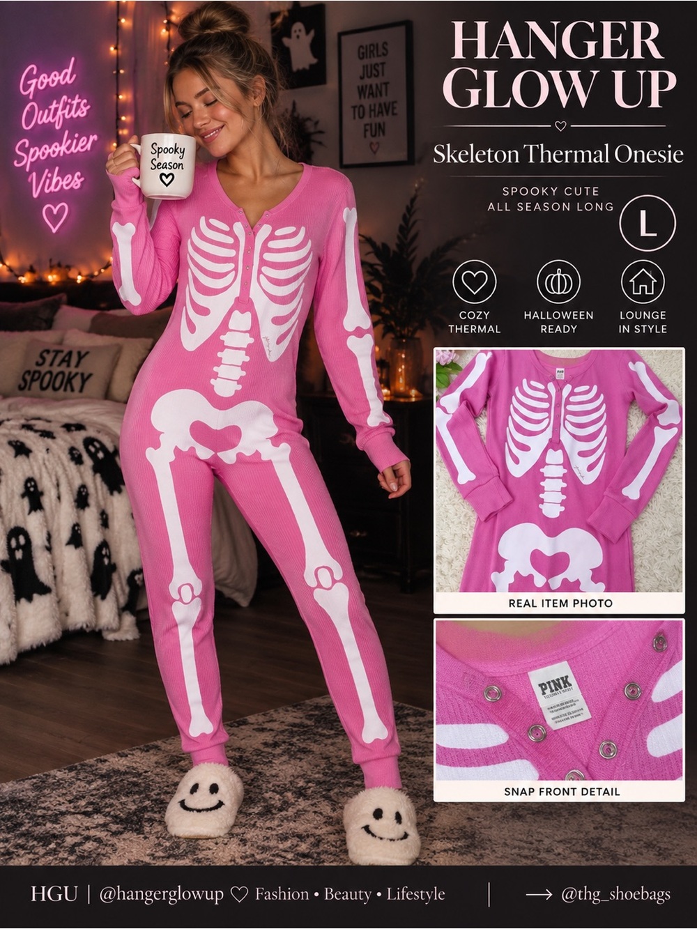 PINK Victoria’s Secret Skeleton Thermal Onesie Pink Halloween L NWT